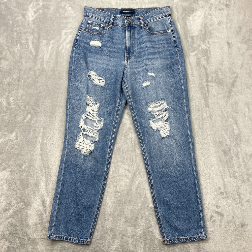 Aeropostale Mom Jeans Womens 6 Blue‎ Denim Distressed Double Stitch 5-Pocket